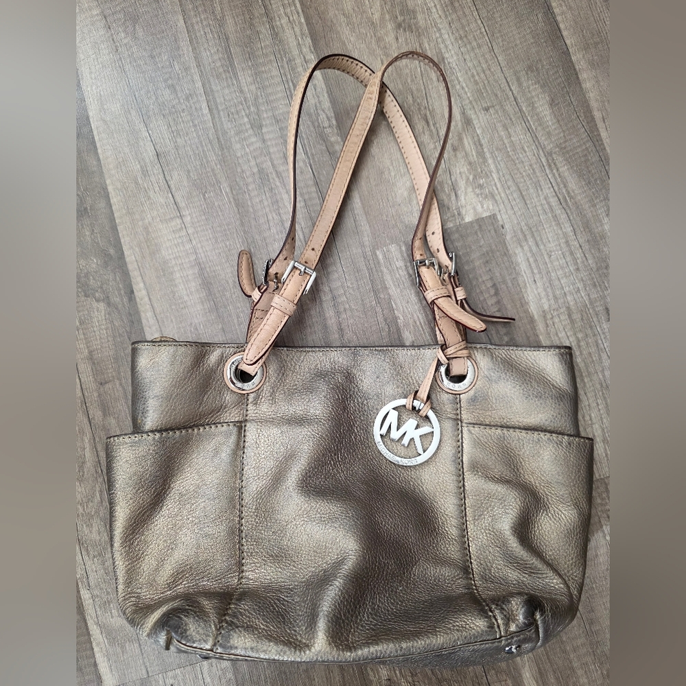 MICHAEL KORS MK metallic Silver Bronze Pebbled Leather Zippered Tote Bag Y2K 90s